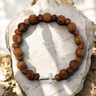 Olivewood Beaded Bracelet with Silver Cross