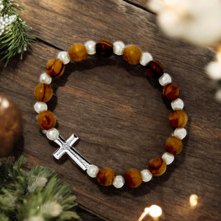 Olivewood Stone Beaded Bracelet with Cross