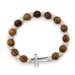 Olivewood Stone Beaded Bracelet with Cross